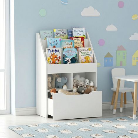 Petite bibliothèque enfant avec étagères et tiroir en MDF, blanc, 60x29,9x90cm (1/5)