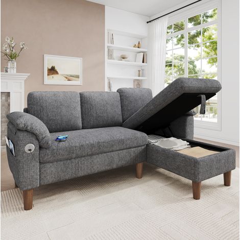 Ecksofa 181x125x88 cm mit flexibler Chaiselongue, Stauraum, USB und Type C, Chenille, Hellgrau (1/5)