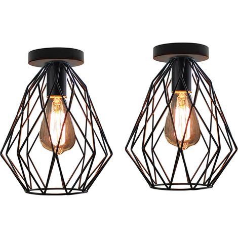 Plafonnier Industrielle Cage en Métal E27 Noir Lampe de Plafond Vintage Rétro 2PCS