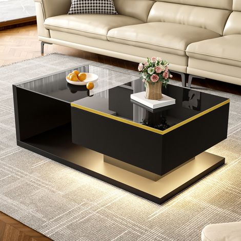 Tavolino da salotto 90 x 50 x 32,5 cm nero lucido con piano in vetro e LED DESVIAE (1/5)