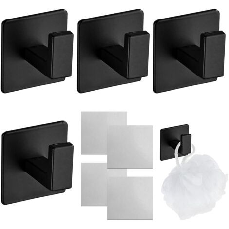 Sollbry Lot de 4 crochets porte-serviettes auto-adhésifs sans perçage pour salle de bain, cuisine, chambre, garage, hôtel, armoire, crochet noir (1/5)