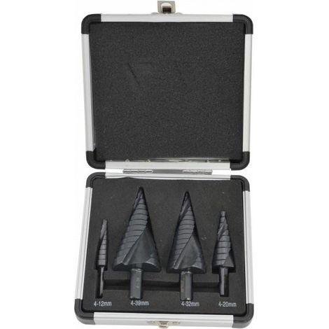 Juego de brocas espirales escalonadas AWTOOLS, 4 piezas, 4-12, 4-20, 4-32 y 4-39 mm, AICrN, negro, estuche de pl谩stico (1/3)