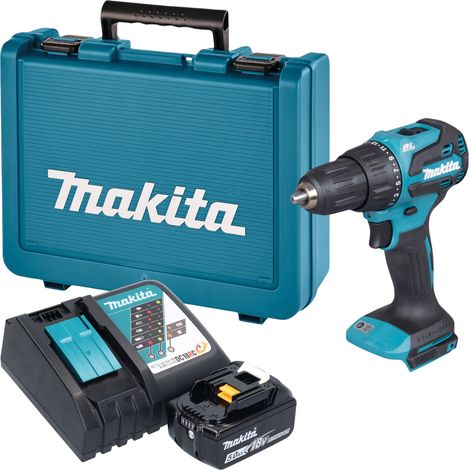 Taladro atornillador de percusión a batería Makita DHP 490 RT1E de 18 V, 65 Nm, sin escobillas + 1 batería de 5,0 Ah + cargador + maletín (1/5)