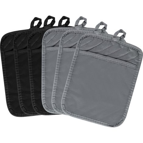 Set di 6 presine da cucina con tasca, nero e grigio, spugna di cotone resistente al calore, presine, sottopentola, presine, sottopentola per cucina, 18 x 24 cm (1/4)