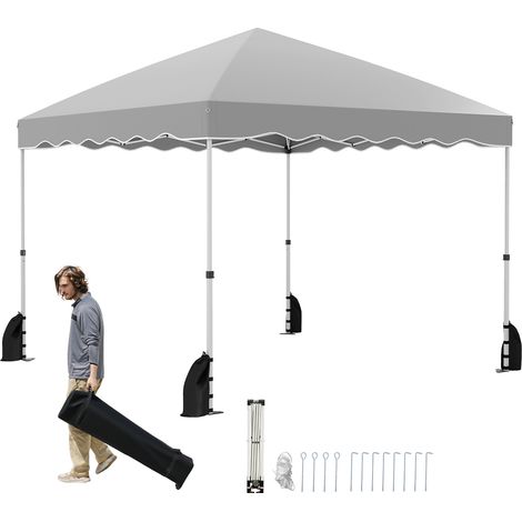 Tente pliante grise 3 x 3 m avec sac à roulettes et toit Oxford enduit argent, 3 hauteurs réglables pour marché, camping et jardin (1/5)
