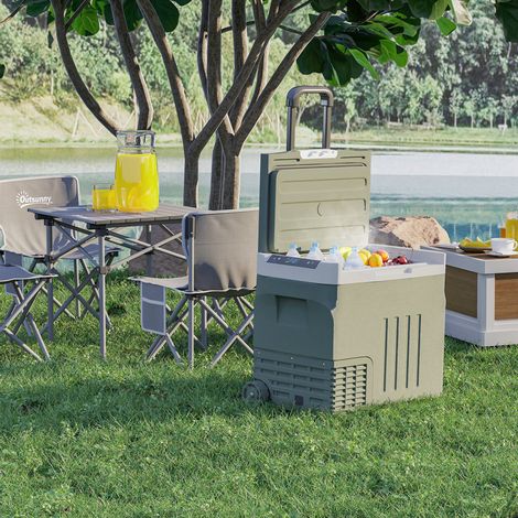 Frigorifero elettrico portatile da 40 litri, ideale per auto, con modalità ECO/MAX, maniglia telescopica, dimensioni 61x39x49,5 cm, colore grigio.