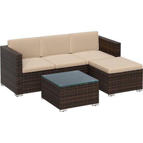 Set di mobili da giardino per esterni, divano ad angolo con superficie intrecciata in PE intrecciato a mano, cuscini marrone e piano in vetro tortora