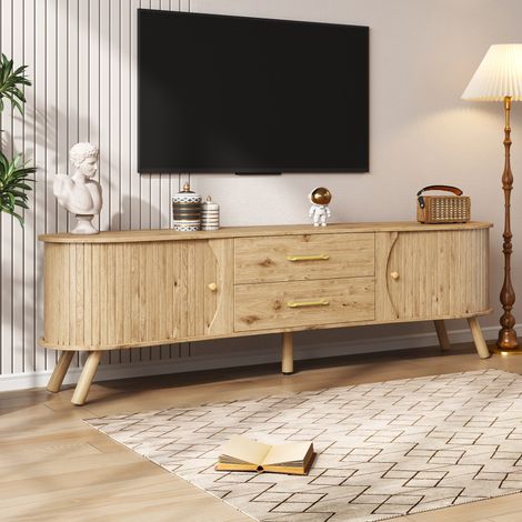 Meuble TV bois clair cannelé, 2 portes coulissantes + 2 tiroirs + pieds bois massif, style scandinave moderne (1/5)