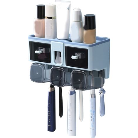 Porte-brosse à dents mural sans perçage, support pour gobelet rince-bouche, rangement toilettes bleu, 3 gobelets (1/5)