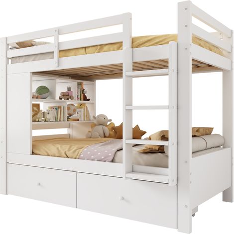 Lit superposé 90x200 cm blanc en bois avec 2 tiroirs, étagère ouverte, échelle intégrée et barrières de sécurité, gain de place pour 2 enfants  CHICFURN (1/5)