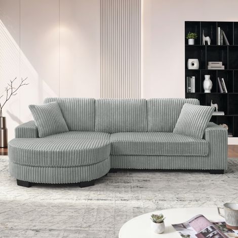 Divano angolare a L 256,5x133,5x89 cm grigio in corduroy con pouf ovale reversibile e 2 cuscini (1/5)