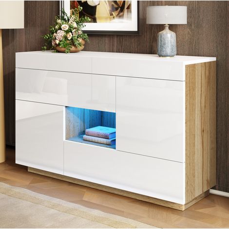 Buffet 120x37x76.5 cm blanc et décor bois en panneaux de particules avec LED 16 couleurs et 2 tiroirs (1/5)