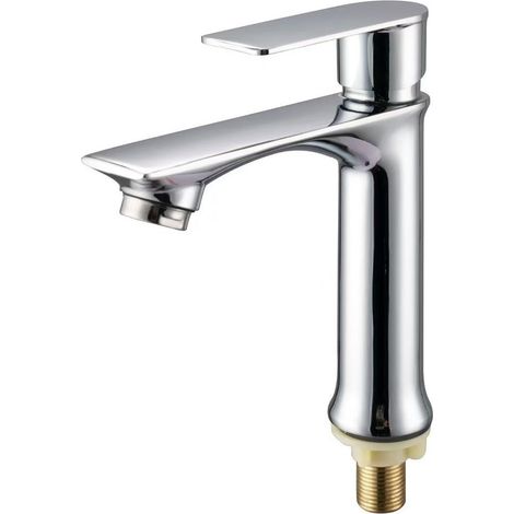 Single-hole bathroom sink faucet with single cold water valve - under-counter sink faucet - long, flat, electroplated, low-profile model.
