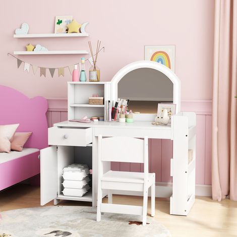 Toeletta per bambine, tavolo da trucco con sgabello e specchio con luci a LED, mobiletto con 1 cassetto e 5 ripiani, bianco.