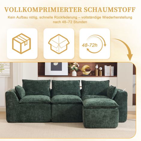Canapé d'angle modulable 3 places avec pouf, coussins, supports de boissons et 2 rangements latéraux. Mousse et ressorts intégrés. Parfait pour séjour, tissu velours vert sapin. (1/5)