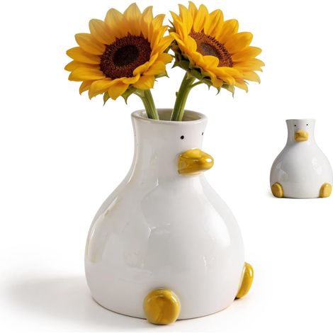 Vase canard en céramique - vase blanc de 19,8 cm orné d'un motif canard unique - grand vase pour fleurs - décoration pour salon ou table à manger (1/5)