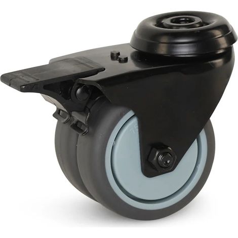 Roulette double freinée - MESO - Boîtier noir - Trou central - 75mm - 150kg