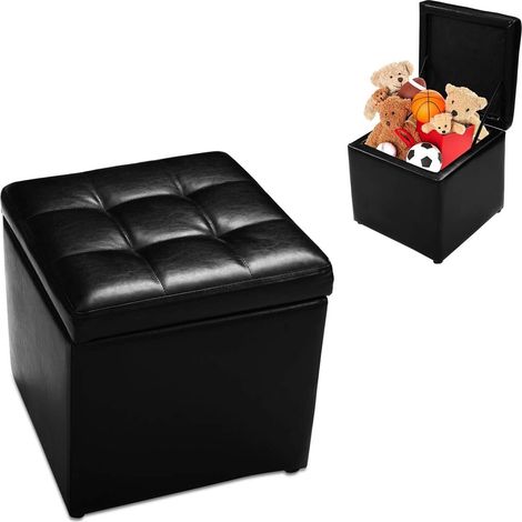 GOPLUS Tabouret Pouf avec Boîte de Rangement en Bois&Cuir PU,40x40x40CM,Charge 150KG,Banc à Chaussures avec Espace de Stockage,Noir