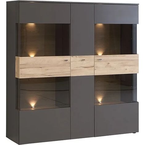Armoire vitrine 150 cm 3 portes bois clair et gris – Éclairage LED intégré – Système soft-close – Fabrication européenne – Meubletmoi (1/5)