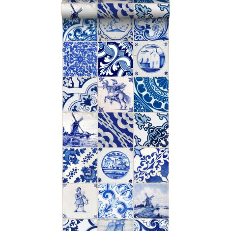 papier peint intissé XXL carrelage bleu indigo  - ESTAhome (1/5)
