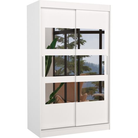 Petite armoire de chambre à coucher 2 portes coulissantes blanche avec 6 miroir Kolida 120cm (1/5)