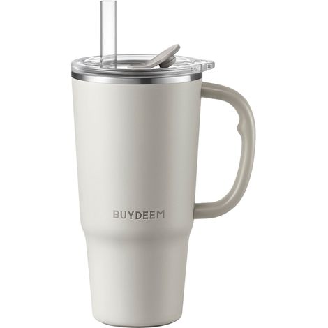 Tazza termica Buydeem con cannuccia, 700 ml, DS57, bianco avena