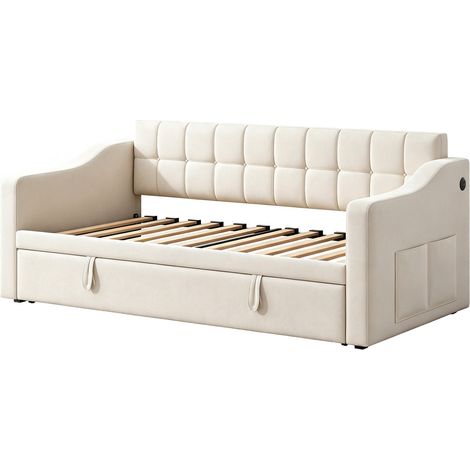 Lit rembourré canapé-lit en velours beige extensible 90/180 x 190 cm avec ports de charge (1/5)