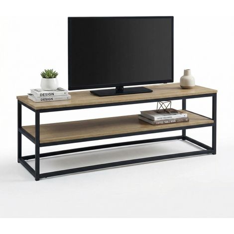 FurnitureR TV Stand, Modern Entertainment Centre, Black Steel Frame, Durable MDF Construction, Contemporary Living Room Storage Unit, 120x40x42cm, Oak Effect