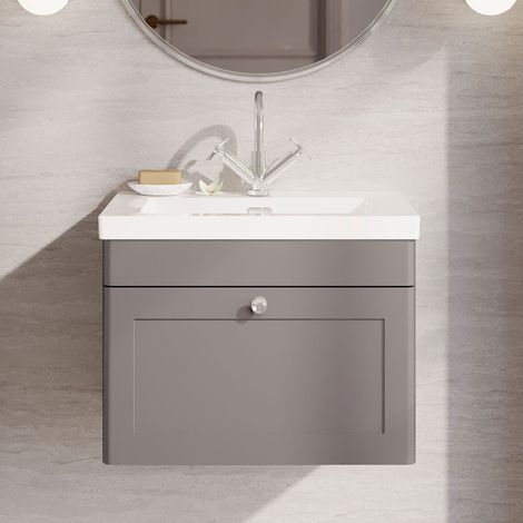Nuie Classique Wall Hung 1-Drawer Vanity Unit with 1TH Contemporary Basin 600mm Wide - Satin Grey (1/5)