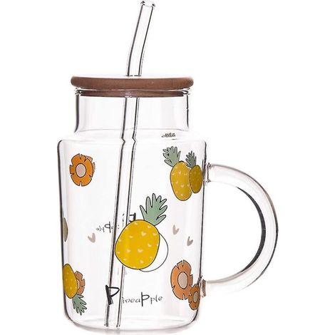 Bicchiere in vetro trasparente con coperchio e cannuccia, 440 ml (15 oz), con un simpatico design a forma di ananas. (1/5)