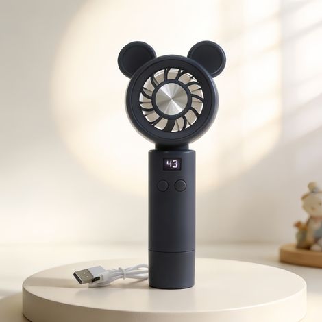 Tragbarer, wiederaufladbarer Handventilator mit digitalem LED-Display, cartoonartigem Design mit runden „Ohren“, stufenlos einstellbarer Geschwindigkeit und sommerlicher Kühlung in Blau und Grau (1/2)