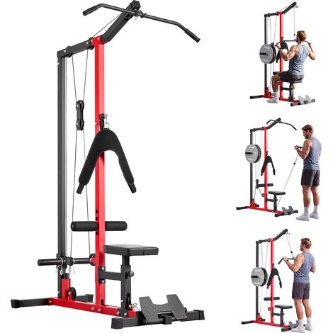 VEVOR Máquina de Polea Dorsal 3 en 1, Máquina Polea Alta y Baja con Barra, Asiento Ajustable en 3 Niveles, Rodillo de Espuma Ajustable en 4 Niveles, Carga de 181 kg para Dorsal, Pecho, Tríceps (1/5)