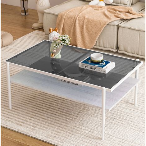 Table basse rectangulaire avec piètement métal, verre trempé, gris et blanc, 45x97.5x61.5 cm (1/5)
