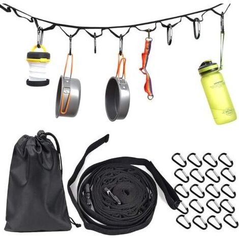 Corde de Camping de 4.5 mètres avec 19 mousquetons Porte clés, Corde Portable de Suspension avec Crochets pour Le Camping, la randonnée, Les Accessoires de Tente en Plein air (1/5)