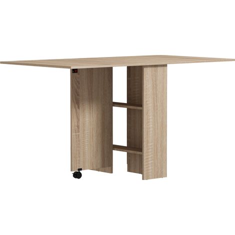 Tavolo Pieghevole con 2 Ribalte per 6 Persone con Ripiani e Rotelle Integrate  Legno Naturale