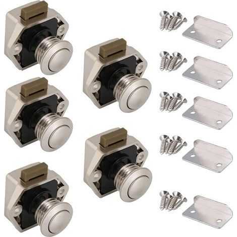 Loquet sans Clé, 5pcs Bouton Poussoir Loquet,Bouton Poussoir tiroir Porte pour Caravane Camping Cabinet Armoire Yachts Voitures Ambulances Meubles Portes Serrure Presse(Nickel Perlé) (1/5)