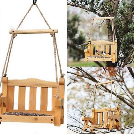 Balancelle suspendue, mangeoire à oiseaux, chaise en bois naturel, plateau à graines, mangeoire à noix d'extérieur, décoration universelle pour jardin (1/5)