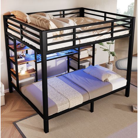 Letto a castello 90x200/140x200 cm con LED, USB e presa Type-C, vani contenitore aperti, metallo nero e MDF (1/5)