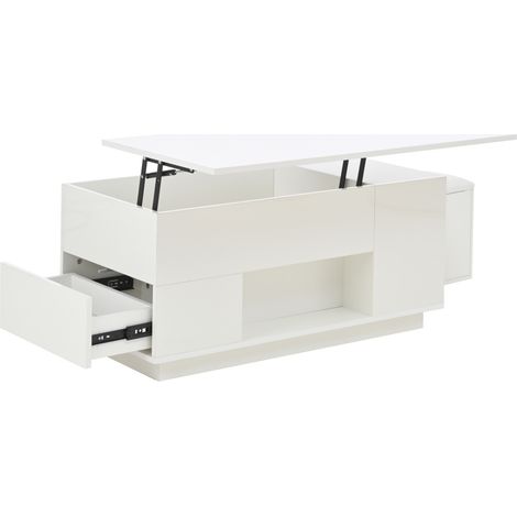 Table basse blanche 100 x 50 x 45 cm avec plateau relevable, LED contrôlée par application, 2 tiroirs et 2 tabourets de rangement (1/5)