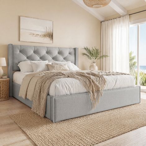 Letto contenitore 140x200 cm, rete a doghe in metallo, sollevabile, cotone, grigio chiaro DESVIAE (1/5)