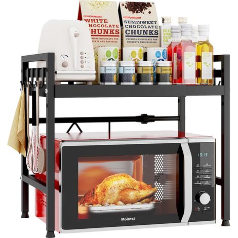 Support de Micro-Ondes de Cuisine à 2 Niveau Extensible, Organisateur de Rangement de Cuisine avec 8 Crochets, Noir