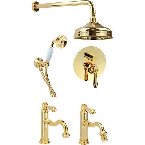 Set bagno con miscelatore lavabo, bidet e kit doccia stile retrò colore oro Gattoni Oxford KITOXFORDD04