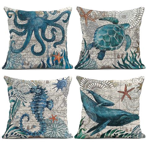 Set mit 4 Kissenbezügen im mediterranen Stil, Meeresmotiv, Schildkröte, Seepferdchen, Wal, Oktopus, nautische und Küstendekoration, 45 x 45 cm (18 x 18 Zoll). (1/5)
