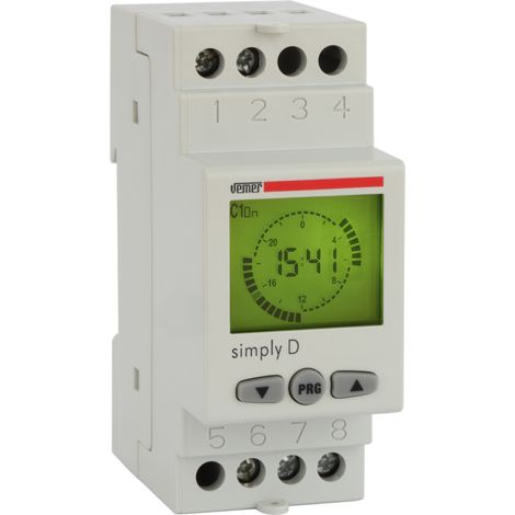 Interrupteur horaire numérique 230V AC – Programmation quotidienne 48 cavaliers – Montage sur barre DIN 2 modules – Écran LCD rétro-éclairé – Vemer