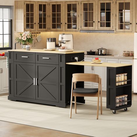 Isola da Cucina con Ruote con 2 Cassetti, Armadietto a 2 Ante, Piano Estensibile, Prese e USB, MDF Nero Naturale (1/5)