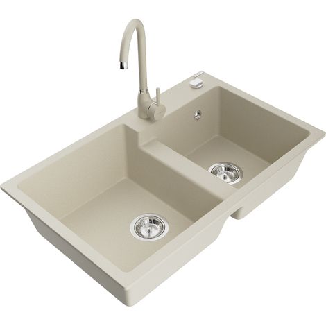 Mexen Tomas 2-Becken-Granitspüle mit Mischbatterie Telma, Beige - 6516-69-670200-69 (1/5)
