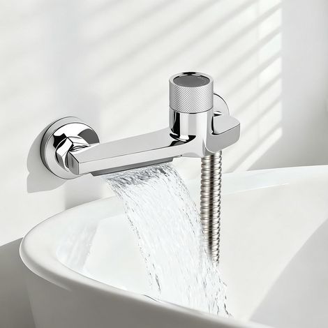 Robinet de baignoire cascade avec thermostat 2 sorties, robinet de douche avec bouton de sécurité, robinet de baignoire, mitigeur de douche, montage mural, pour baignoire et salle de bain (1/5)