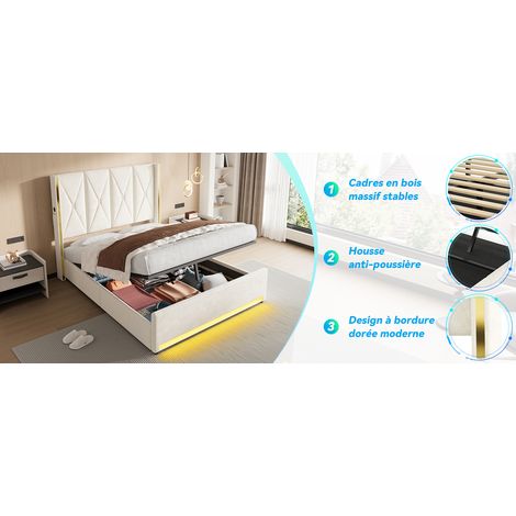 Polsterbett 160x200 cm Beige Samt mit Stauraum, USB, LED, ohne Matratze – MEUBLIV (1/5)