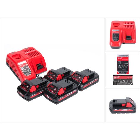 Milwaukee M18 NRG-304 Akku Starter Set High Output 4x 18 V 3,0 Ah / 3000 mAh Li-Ion Akku ( 4x 4932471069 ) + M12-18FC Ladegerät ( 4932451079 )
