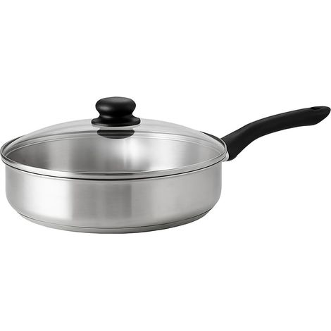 Poêle en acier inoxydable avec bord haut et couvercle Compatible avec plaques à induction Finition satinée Poignée Passe au lave-vaisselle Argenté 28 cm (1/5)